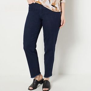 Susan Graver straight ankle jean with frayed hem